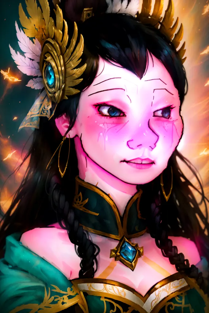 This is an image of a woman with long black hair and blue eyes. She is wearing a green dress with gold trim and a gold necklace with a blue gem in the center. She is also wearing a gold headpiece with feathers in it. She has a sad expression on her face and is looking to the right. There is a bright light in the background.