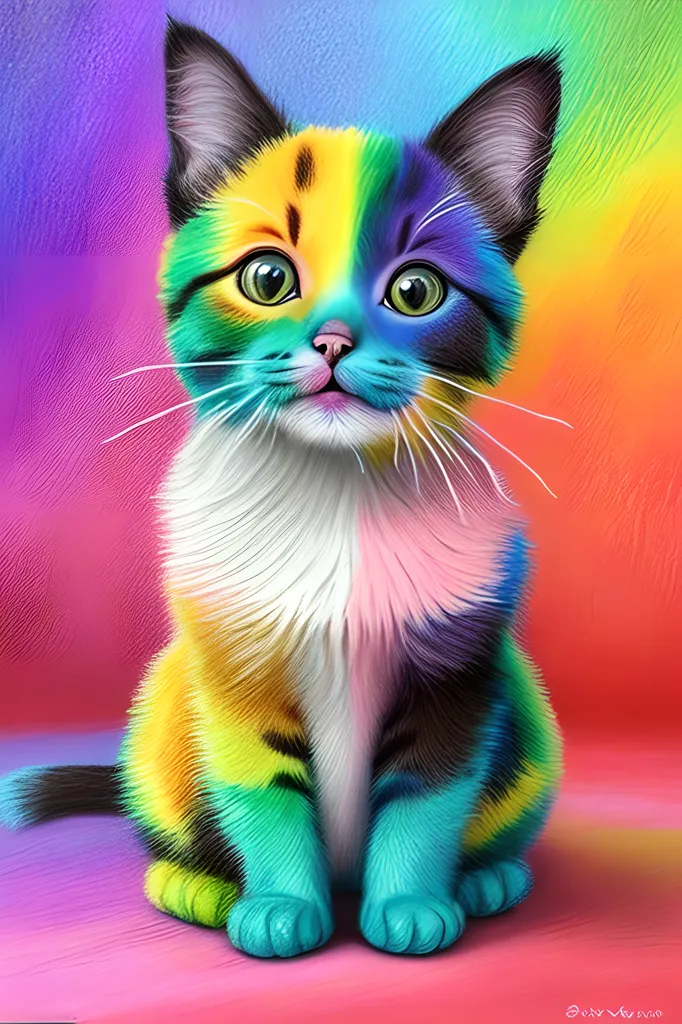 This is a digital painting of a cat. The cat is sitting on a pink surface and has its front paws together. The cat is looking at the viewer with wide green eyes. The cat's fur is rainbow-colored, with yellow, green, blue, and purple patches. The cat's tail is long and fluffy and has a green tip. The background is a rainbow of various colors, including red, orange, yellow, green, blue, and purple.