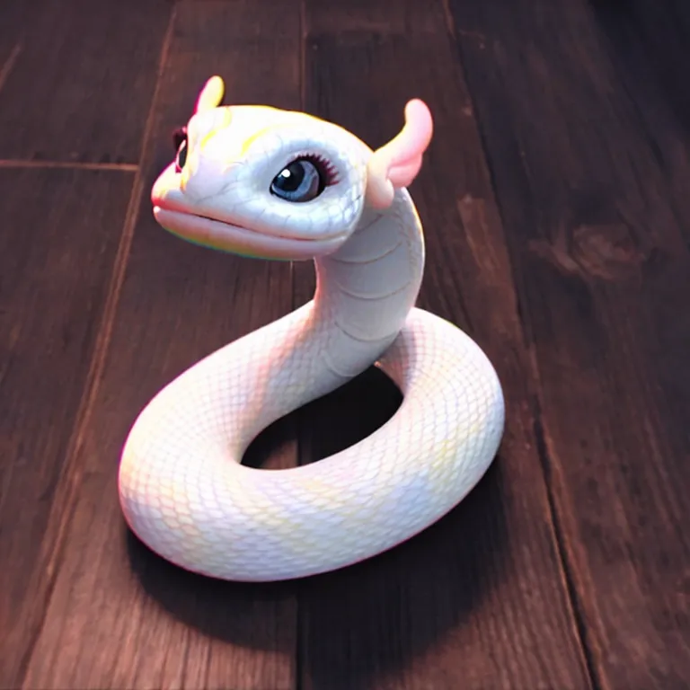 La imagen muestra una pequeña serpiente blanca con alas de colores del arcoíris y ojos azules. La serpiente está sentada sobre una superficie de madera. Tiene una expresión amistosa en su rostro y está mirando al espectador.