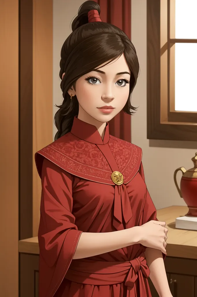 The image shows a young woman with brown hair and brown eyes. She is wearing a red cheongsam with a white collar and a white sash. The cheongsam has a floral pattern and is trimmed with gold. She is also wearing a gold necklace and a gold bracelet. Her hair is pulled back in a ponytail and she has a small red flower in her hair. She is standing in front of a wooden table with a vase on it. The background is a wall with a window. The woman is looking at the viewer with a serious expression.