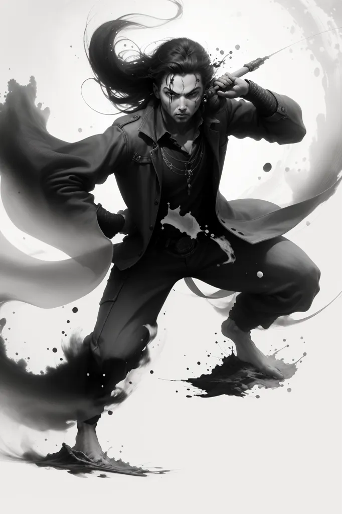 The image is a black-and-white digital painting of a man in a black coat and boots. He is standing with his feet shoulder-width apart, his left foot slightly forward. His arms are outstretched to his sides, and he is holding a sword in his right hand. He has long black hair that is blowing in the wind, and his eyes are narrowed in concentration. The background is a white void with a few splashes of black ink.