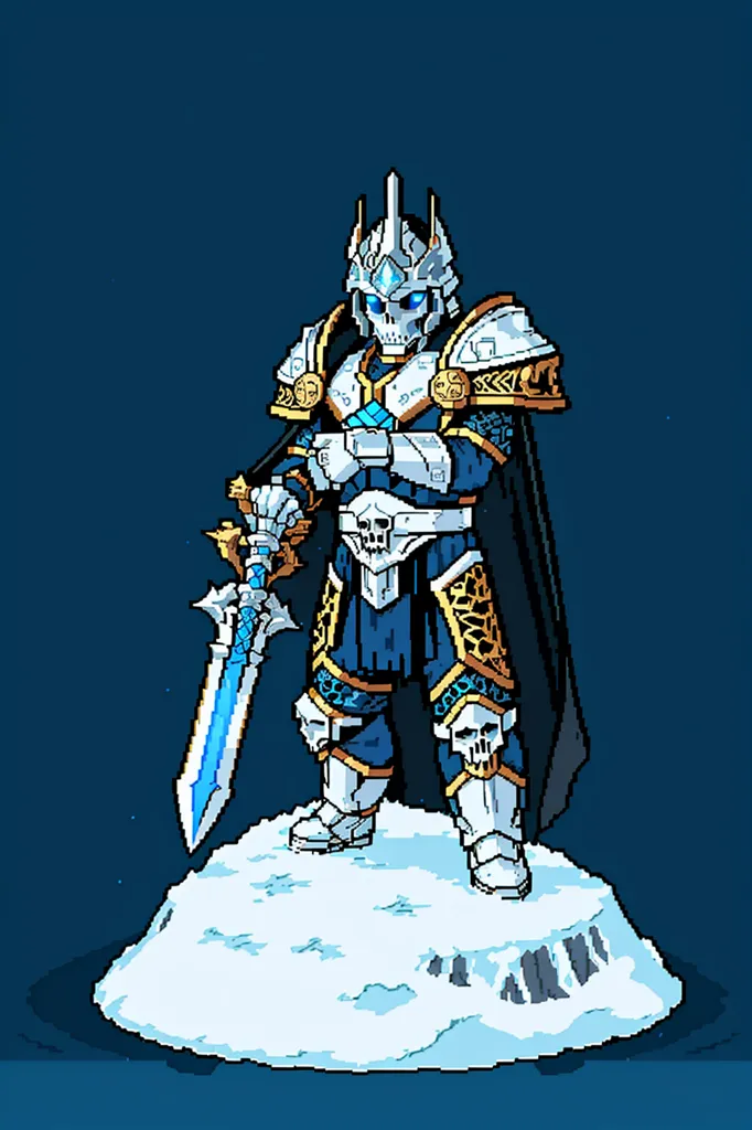 La imagen es de una figura pixelada del Rey Exánime, un personaje de la serie de videojuegos Warcraft. Se le representa vestido con una armadura y una corona, y sostiene una espada en su mano derecha. Está de pie sobre un bloque de hielo y hay un fondo azul oscuro detrás de él.