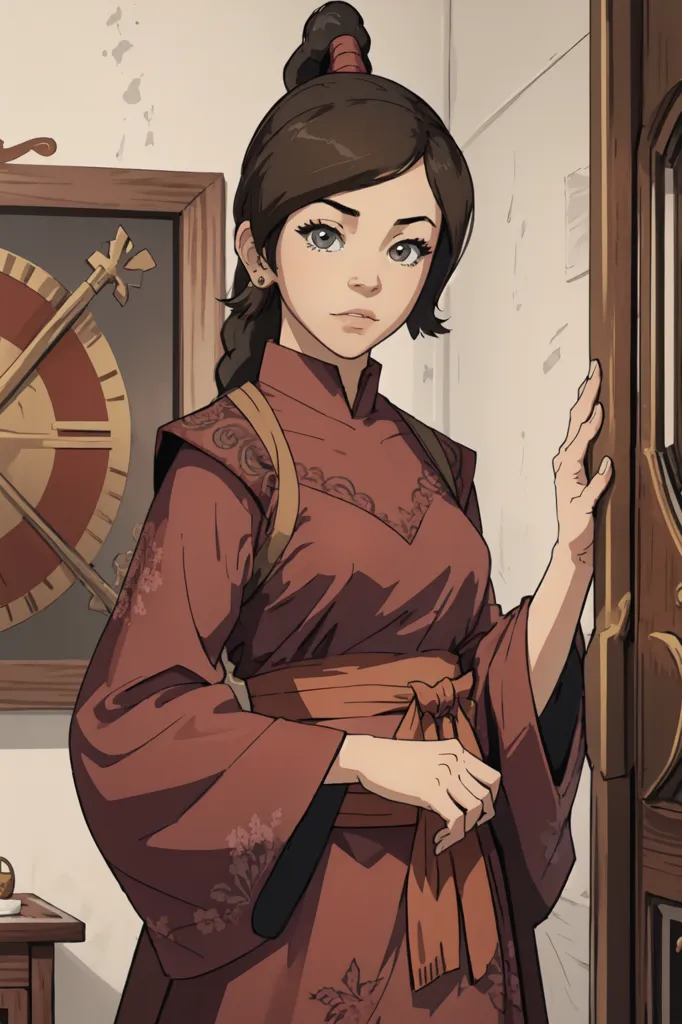 The image shows a young woman standing in a room. She is wearing a brown and red kimono-style dress with a yellow obi sash and has her dark brown hair in a bun. The room has a wooden door on the right and a table with a tea set on the left. On the wall behind her is a circular wooden plaque with a yin-yang symbol in the center.