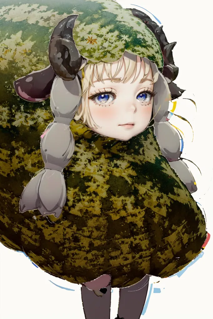 The image is a digital painting of a chibi character. She has blonde hair and blue eyes, and is wearing a green and brown patterned outfit with a hood. The hood is shaped like a watermelon, and has two black horns sticking out of the top. The character is standing on two brown and white striped legs, and has a slightly sad expression on her face.