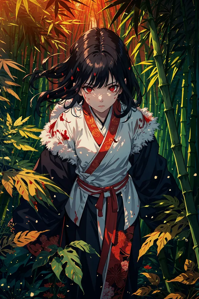 The image is of a young woman in a white kimono with a red sash standing in a bamboo forest. She has long black hair and red eyes. She is holding a sword in her right hand. The bamboo stalks are green and the leaves are yellow and orange. The background is a blur of green and brown. The image is in a Japanese anime style.