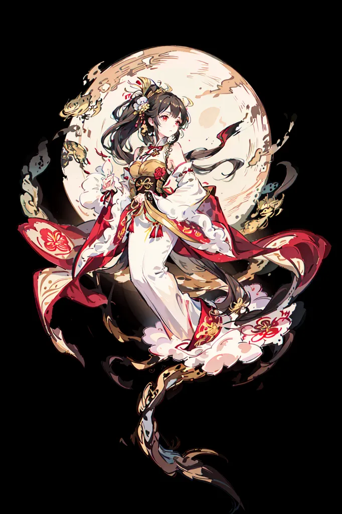 La imagen muestra a una chica con kimono de pie frente a una luna llena. La chica tiene el cabello negro largo y ojos rojos. Lleva un kimono blanco y rojo con un obi rojo. El kimono tiene un patrón floral. La chica también lleva un par de calcetines tabi blancos y un par de sandalias zori. La chica está de pie sobre una nube. También hay algunas mariposas volando a su alrededor. El fondo es un cielo nocturno azul oscuro.