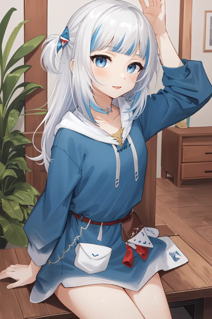 The image is of an anime-style girl with long white hair and blue eyes. She is wearing a blue and white hoodie dress with a red and white belt and a white and blue ribbon in her hair. She is sitting on a table with a potted plant behind her. The girl is smiling and has her hand raised to her head.