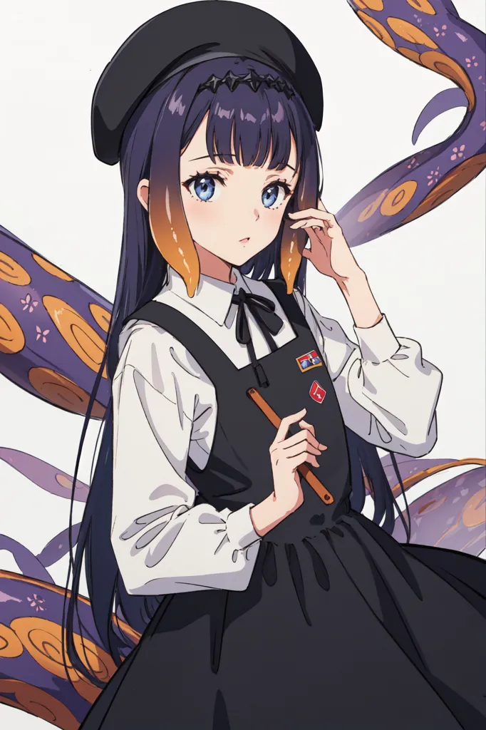 This is an illustration of a young woman with long purple hair and blue eyes. She is wearing a black beret, a white blouse, and a black pinafore dress. She is also wearing a red ribbon around her neck. She is holding a paintbrush in her right hand and there are several tentacles in the background.