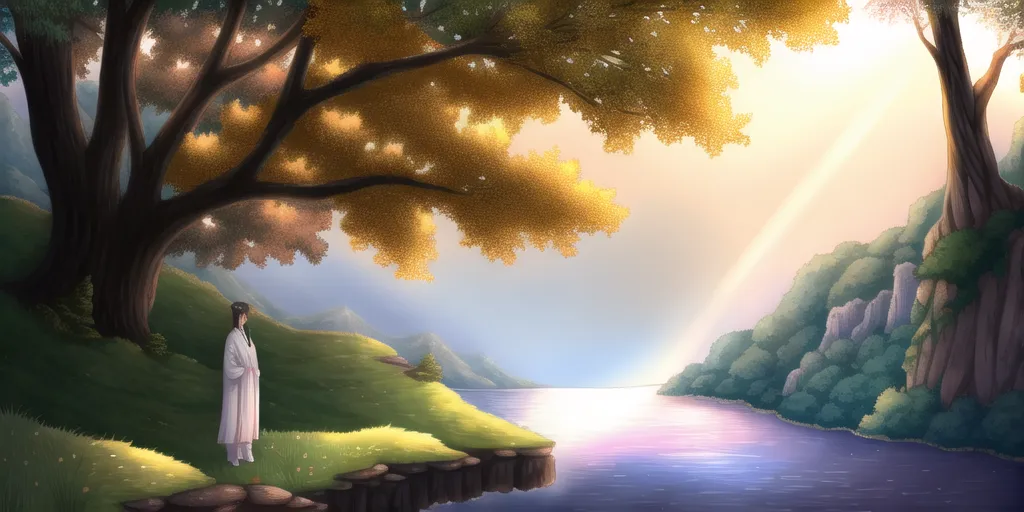 The image is of a person standing on a cliff overlooking a body of water. The person is wearing a white robe and has long black hair. The cliff is covered in grass and trees, and the water is surrounded by mountains. The sky is a gradient of orange and yellow. The image is peaceful and serene.