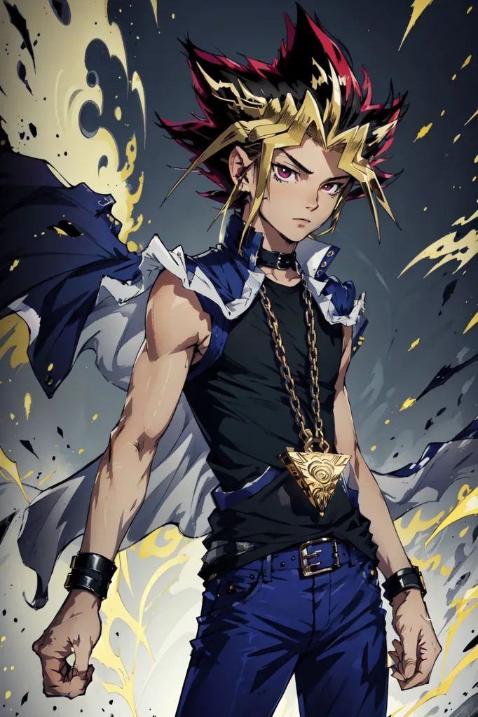 This image shows a young man with spiky, red and yellow hair. He is wearing a black vest with a white collar and blue jeans. He has a gold necklace with a triangular pendant. He is standing with his fists clenched in front of him. There is a dark background with yellow and white streaks around him.