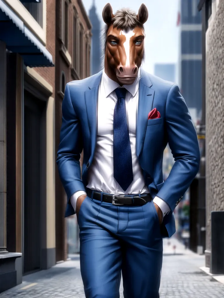 The image is of a horse wearing a blue suit and tie, with its hands in its pockets. It is walking down a city street with buildings on either side. The horse has a determined look on its face and is wearing a red pocket square.