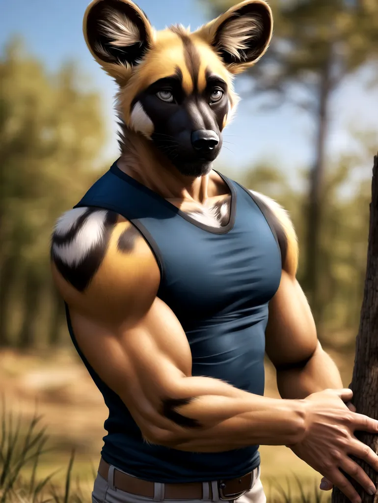 The image is a muscular anthropomorphic African wild dog with dark fur and light fur on its belly and paws. It is wearing a blue tank top and gray pants. It is standing in a forest, leaning against a tree with one hand while the other hand is on its hip. The background is blurred.