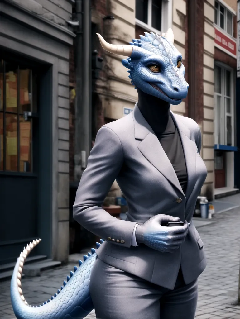 L'image montre une femme dragonborn bleue portant un costume gris. Elle se tient dans une ruelle entre deux bâtiments. La dragonborn a sa main gauche sur son téléphone.