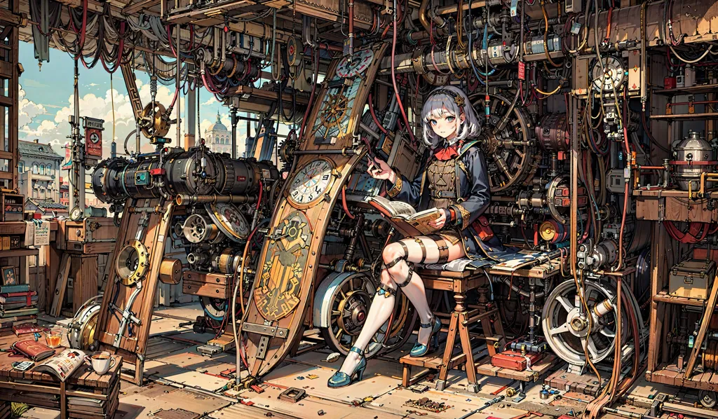 The image is a steampunk-themed illustration of a girl sitting on a chair in a workshop. The girl has white hair and purple eyes, and is wearing a grey and white outfit with a red scarf. She is reading a book. The workshop is filled with all sorts of steampunk gadgets and machinery. There are pipes, gears, and wires everywhere. The girl is sitting on a wooden chair in front of a large wooden desk. On the desk is a large clock, a book, and some papers. There is a large window behind the desk that looks out onto a city. The city is filled with steampunk buildings and airships. The image is very detailed and has a lot of interesting things to look at.