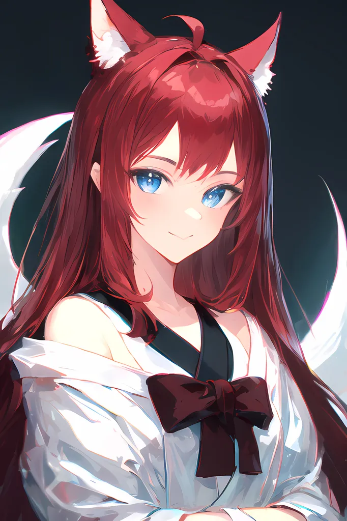 The image is a portrait of a young woman with long red hair and blue eyes. She is wearing a white kimono with a red obi. She has fox ears and a fox tail. She is smiling. The background is dark blue.