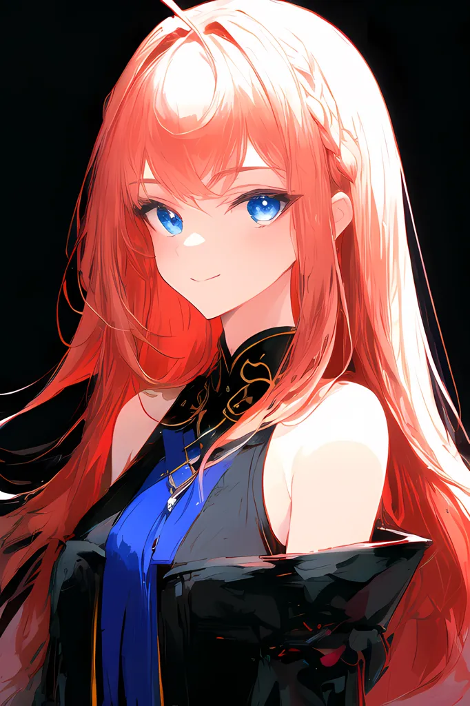 The image is a portrait of a young woman with long, flowing red hair and blue eyes. She is wearing a black and blue cheongsam-style dress with a high collar and a long, flowing skirt. The dress is trimmed with gold and silver thread, and she is wearing a pair of long, black gloves. Her hair is styled in a loose braid that falls over her shoulder, and she has a gentle smile on her face. The background is a dark color.