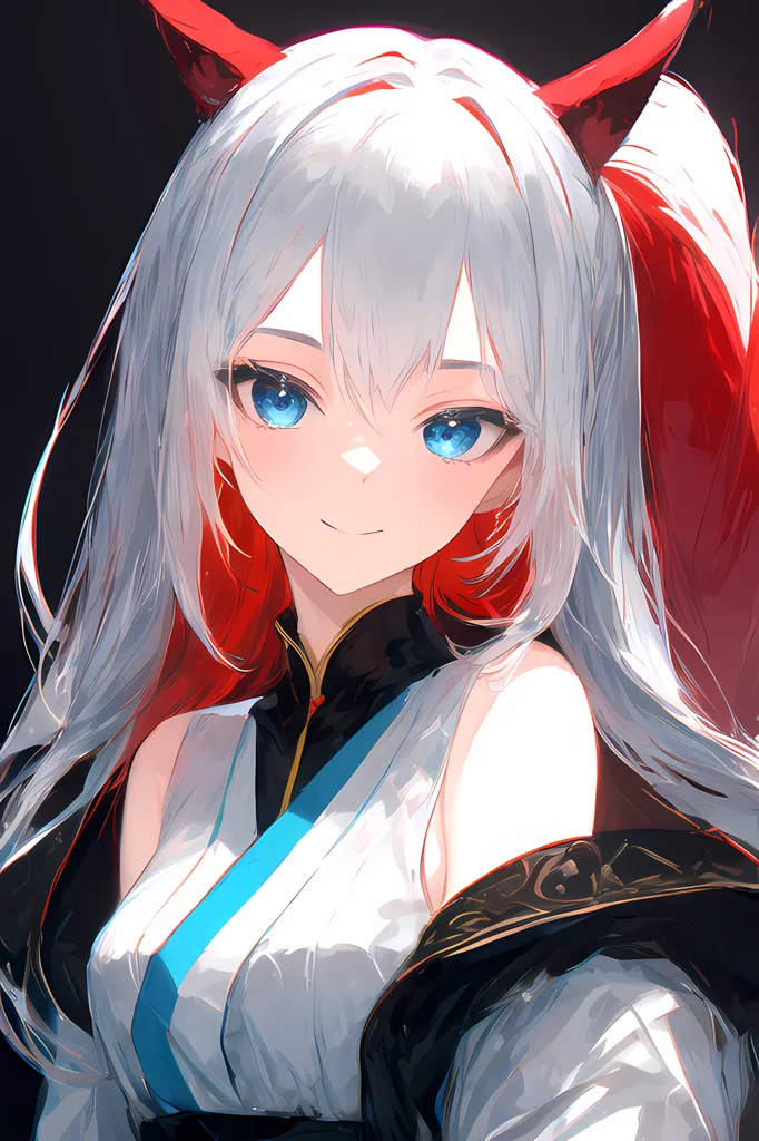 The image is a portrait of a young woman with long white hair and red fox ears. She is wearing a white and blue kimono with a red obi. The woman has blue eyes and a gentle smile on her face. The background is dark with a spotlight shining on her.