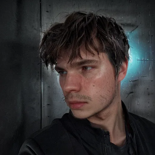 This is a picture of a young man with dark hair and light eyes. He appears to be in his late teens or early twenties. He is wearing a black jacket and his hair is wet, as if he has just been in the rain. He has a small amount of facial hair and his eyebrows are furrowed, suggesting that he is concentrating or thinking about something. The background of the image is a dark, textured wall, which makes the man's face stand out. The overall tone of the image is somewhat mysterious and brooding.