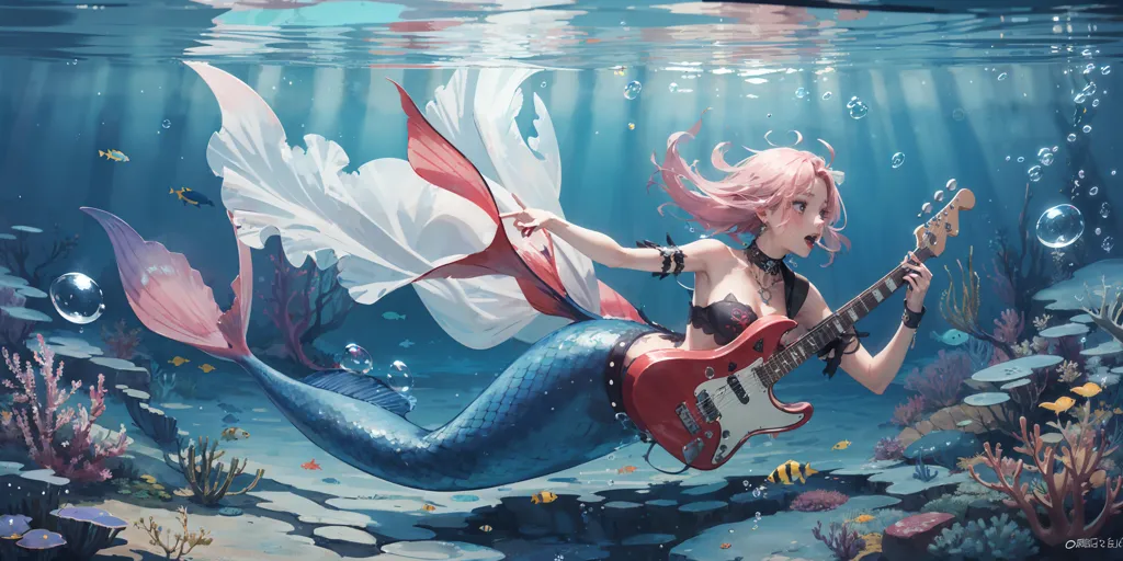 This is an image of a mermaid swimming underwater. She has pink hair and blue-green tail with a white and red fin. She is playing an electric guitar. She is surrounded by various species of fish and coral.