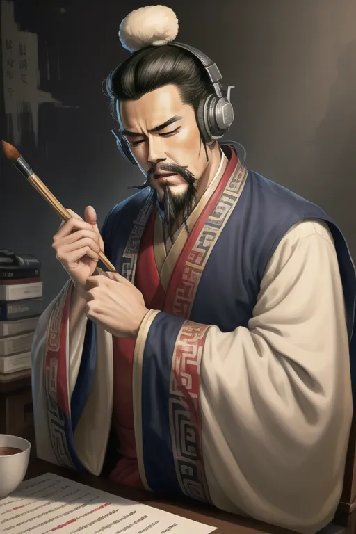 The image shows a man in ancient Chinese clothing. He is wearing a blue robe with white and red trim, and has a white bun hairstyle. He is holding a brush in his right hand and is writing on a scroll of paper. He has a pair of headphones over his ears. There is a teacup on the table to his right.