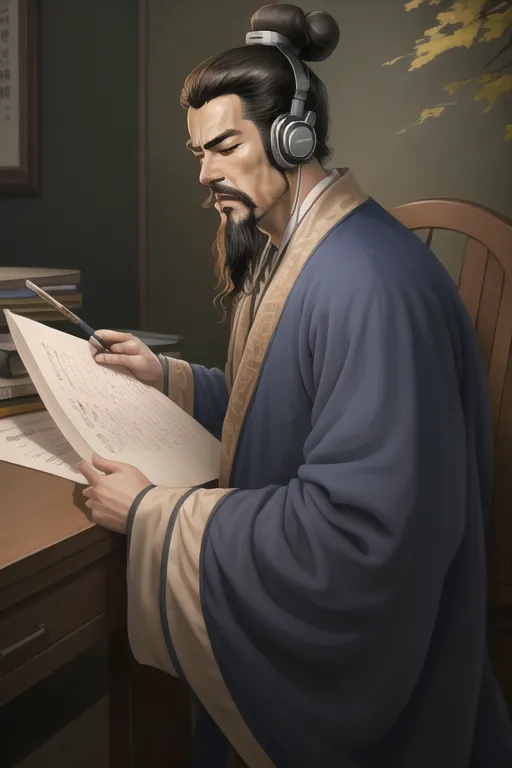 L'image montre un homme chinois portant une robe bleue avec des bordures blanches et dorées. Il a de longs cheveux noirs attachés en chignon et une moustache et une barbe. Il est assis à un bureau, écrivant sur une feuille de papier avec un pinceau. Il porte des écouteurs. Il y a des livres et des rouleaux sur le bureau.