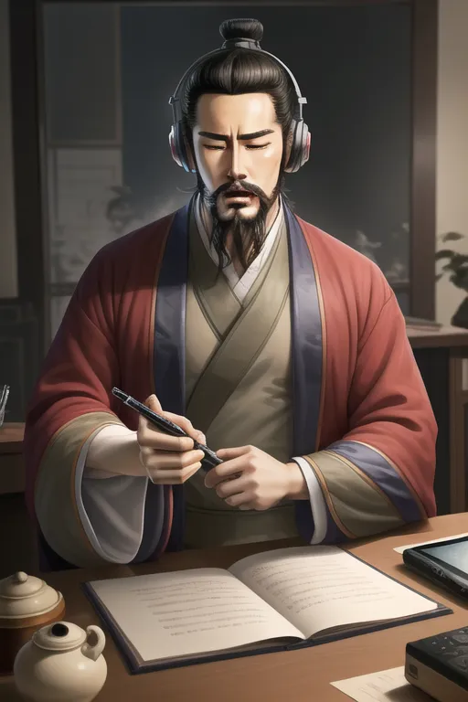 L'image montre un homme vêtu de vêtements chinois anciens assis à un bureau et écrivant dans un livre. Il a une expression pensive sur le visage et porte des écouteurs. Il y a une tablette sur le bureau et une théière et une tasse de l'autre côté. L'homme a une longue barbe et porte une robe rouge avec un col blanc. Il a un chignon dans les cheveux et porte un bandeau. L'arrière-plan est un flou d'étagères de livres et de plantes.