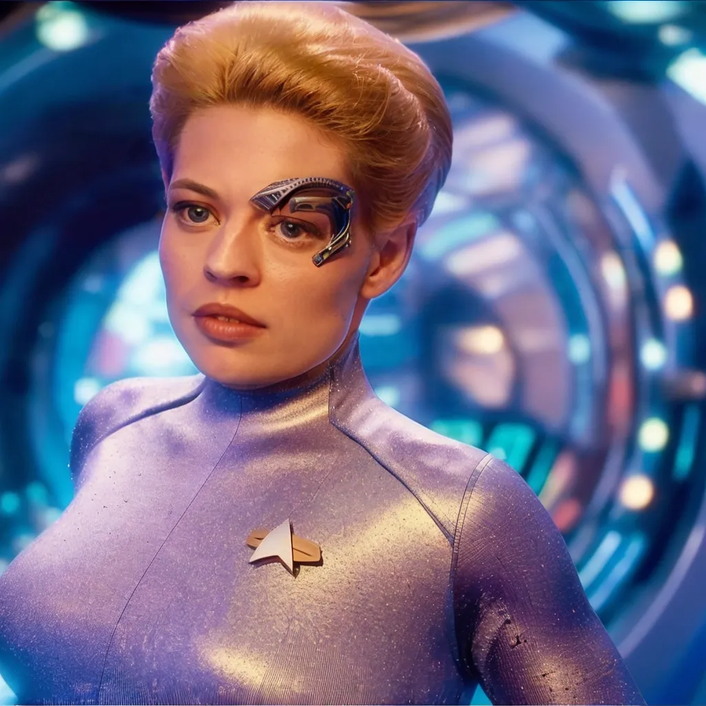 The image shows a woman with short blonde hair and a cybernetic implant on her right temple. She is wearing a silver jumpsuit with a Starfleet delta badge on the left breast. She has a serious expression on her face.