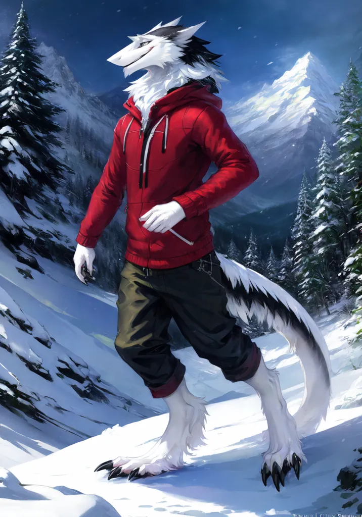 The image shows a white wolf-like creature with black and grey fur on its back and head. It is wearing a red hoodie and dark grey pants. The creature is walking in a snowy forest. There are tall pine trees on either side of it. The background is a mountain range covered in snow. The creature has a determined look on its face, as if it is on a mission.