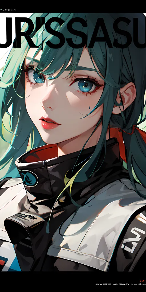 The image is a portrait of a young woman with green hair and blue eyes. She is wearing a black and white jacket with a red stripe on the collar. The jacket has a white logo on the chest that says \