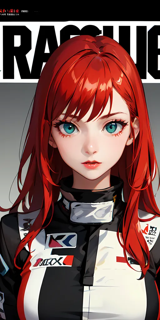 The image shows a young woman with long red hair and green eyes. She is wearing a black and white racing suit with red accents. The word \