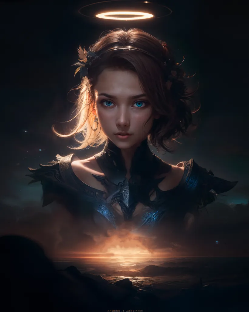 Cette image montre une jeune femme aux cheveux bruns courts et aux yeux bleus. Elle porte une tenue bleu foncé et marron avec un col blanc. Elle a une auréole au-dessus de la tête et est entourée d'un fond sombre avec une lumière brillante dans le lointain.