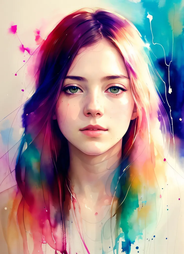 Esta imagem é uma pintura de uma jovem mulher. Ela tem cabelos longos e ondulados que são um arco-íris de cores, incluindo rosa, roxo, azul e verde. Seus olhos são de uma cor verde clara e sua pele é clara. Ela está usando uma camisa branca, e o colarinho está ligeiramente aberto. O fundo da pintura é de uma cor azul clara e há algumas manchas coloridas de tinta ao redor de sua cabeça. A pintura é feita em um estilo realista e o artista usou uma variedade de técnicas para criar uma sensação de profundidade e textura.