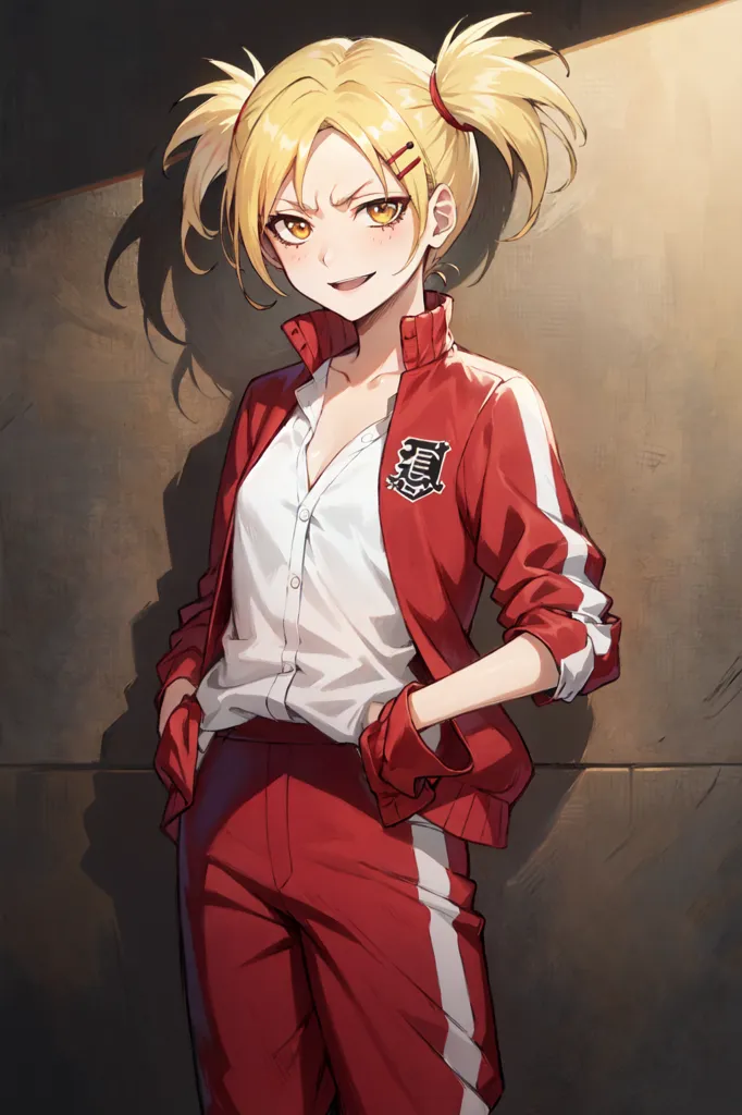 The image depicts a young woman with blonde hair tied in twin ponytails. She is wearing a white button-down shirt, red jacket with a white stripe on the sleeves, and matching red pants with white stripes on the sides. The jacket has a black symbol on the chest. She has an intense expression on her face and is looking at the viewer with her brown eyes. She is standing with her feet shoulder-width apart and her hands in her jacket pockets. The background is a dark color with a spotlight shining down on her.