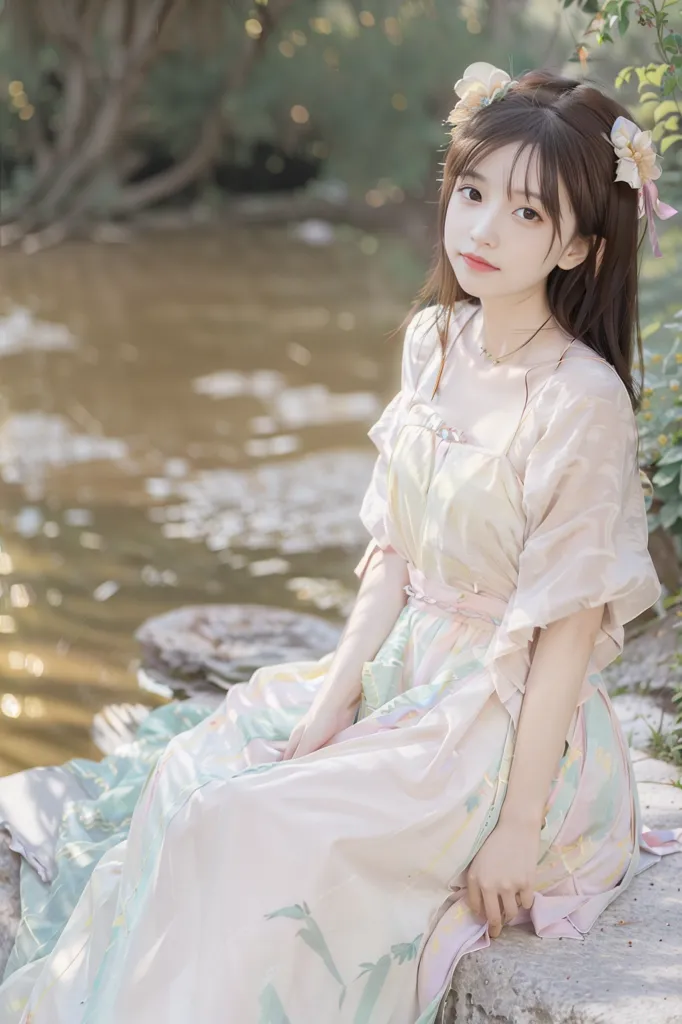 The image shows a young woman wearing a beautiful Chinese-style dress with pastel colors and floral patterns. The dress has a long, flowing skirt and delicate floral embroidery. The woman has long, dark hair and a gentle smile on her face. She is sitting on a stone bench in a lush garden, with a pond in the background. The sun is shining through the trees, creating a dappled pattern on the ground. The overall effect is one of peace and tranquility.