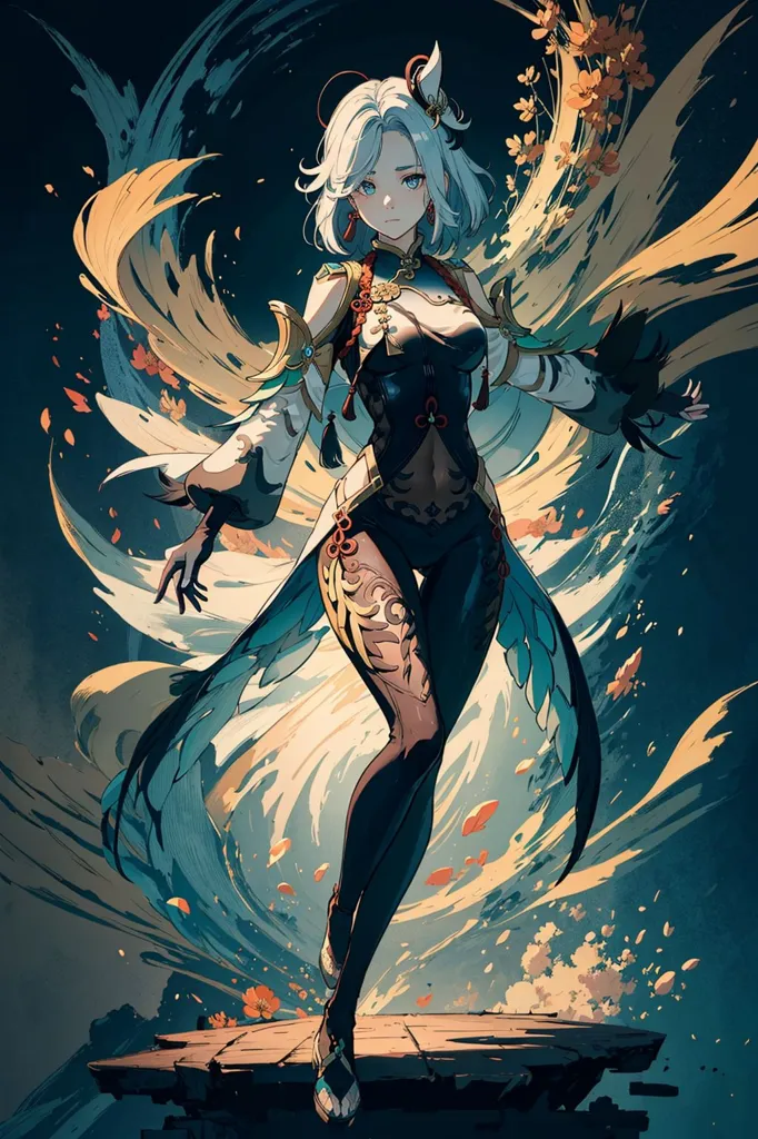 This is an illustration of a young woman with white hair and blue eyes. She is wearing a black and gold outfit with a white cape. She is standing on a stone platform, surrounded by swirling blue and white energy. There are also some orange and yellow flowers in the background. The woman's expression is serious and determined.