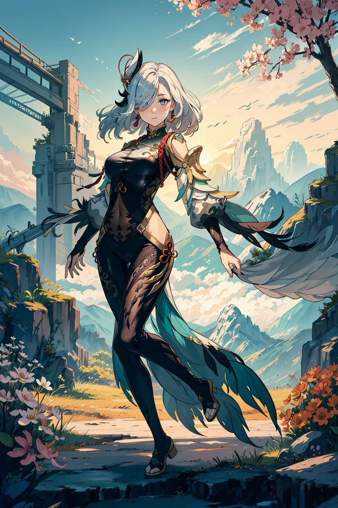 The image is of a beautiful anime-style woman standing in a mountainous landscape. She has long white hair and blue eyes, and is wearing a black and blue cheongsam-style dress with a high collar and a long slit up the side. She is also wearing black stockings and blue high heels. The background of the image is a mountain range, with a blue sky and white clouds. There are also some pink flowers in the foreground. The woman is standing on a stone path, and she is looking at the view.