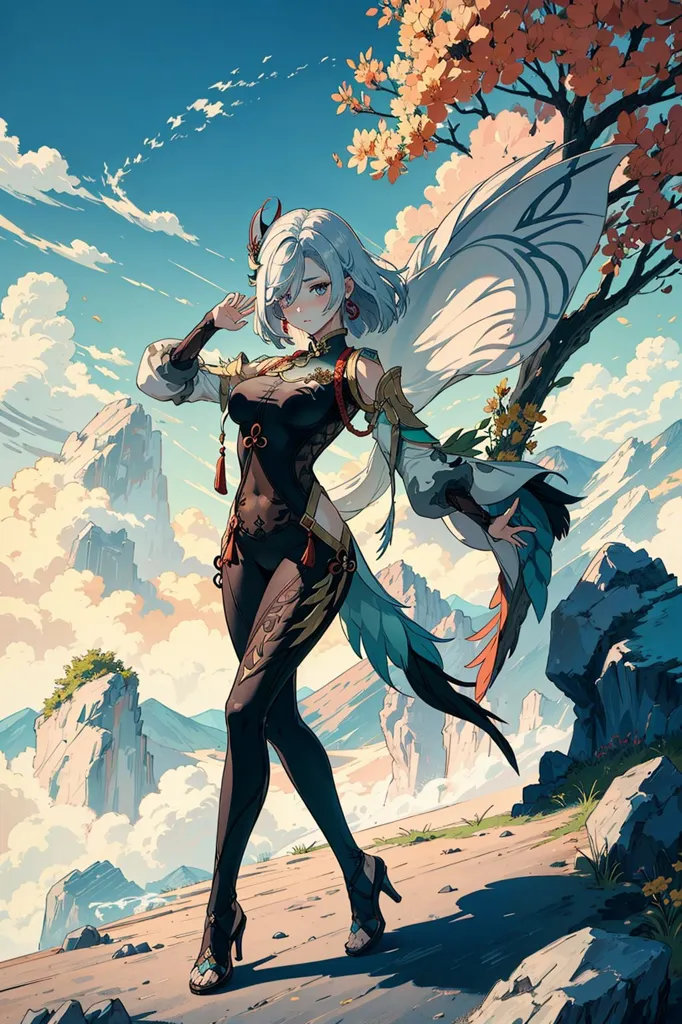 The picture shows a beautiful young woman with long white hair and silver eyes. She is wearing a black and gold outfit with a white cape. She is standing on a cliff with a large mountain in the background. There are also some trees and flowers on the cliff. The sky is blue and there are some clouds in the sky.