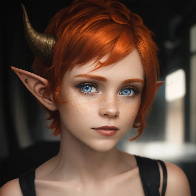 The image is a portrait of a young woman with short red hair, blue eyes, and freckles. She has small horns on her head and pointed ears. She is wearing a black tank top and looking at the camera with a serious expression.