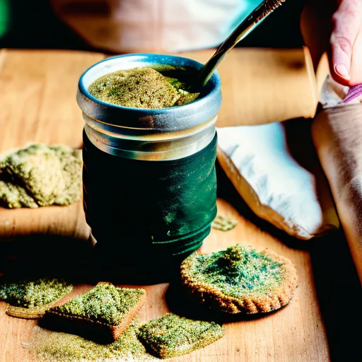 The image shows a green tea gourd and cookies on a wooden table. The gourd is made of metal and has a bombilla, which is a metal straw used for drinking tea. The gourd is filled with green tea leaves. The cookies are shaped like little rectangles and are covered in green tea powder. There is a white cloth napkin on the table.