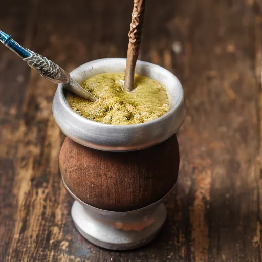 The image shows a traditional South American mate cup made of wood and metal. It is filled with yerba mate tea leaves and hot water. A metal straw is inserted into the tea leaves to drink the tea. The cup is sitting on a wooden table.