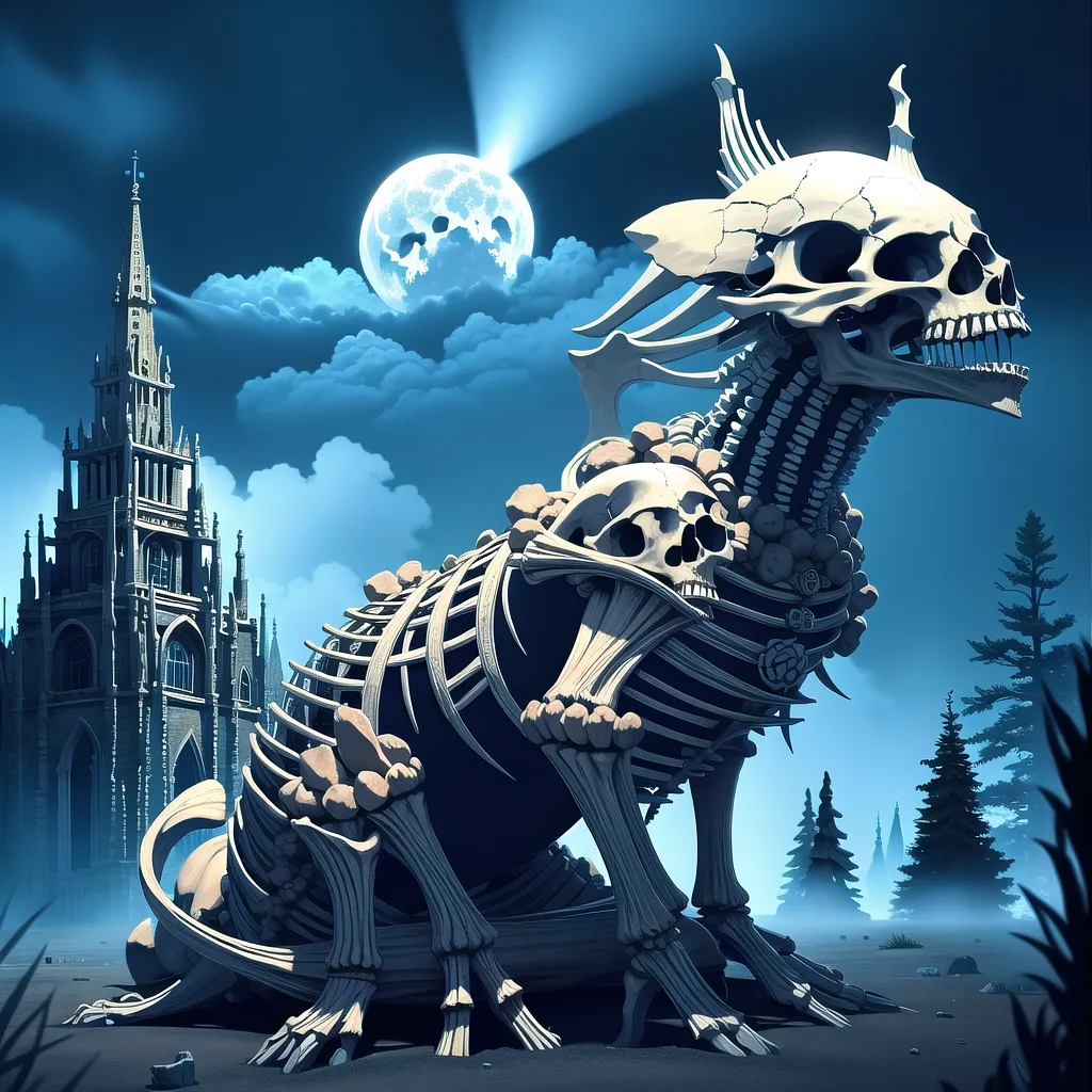 La imagen es un esqueleto de un dragón sentado frente a una catedral gótica. El dragón está hecho de huesos y calaveras, y tiene un cuerpo largo y serpentino. La catedral está hecha de piedra gris y tiene una torre alta y puntiaguda. La luna está llena y brilla intensamente en el cielo nocturno.