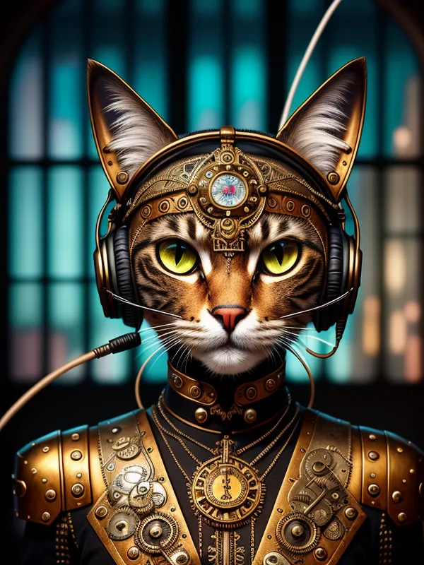 The image shows a steampunk cat wearing a golden helmet with a red gem in the center. The helmet has various golden decorations and a pair of headphones. The cat's neck is adorned with a golden necklace with a clock-like pendant. It is wearing a golden breastplate with intricate engravings and a golden belt with a small golden bag attached to it. The cat has green eyes and a determined expression on its face. It is standing in front of a blue background with a blurred city skyline in the distance.