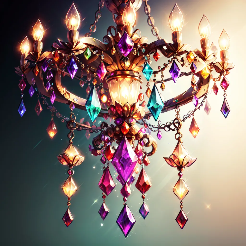 The image is a chandelier. It is made of gold and has a lot of colorful crystals hanging from it. The crystals are in different shapes and sizes and they sparkle in the light. The chandelier is hanging from the ceiling and it is surrounded by a dark background.