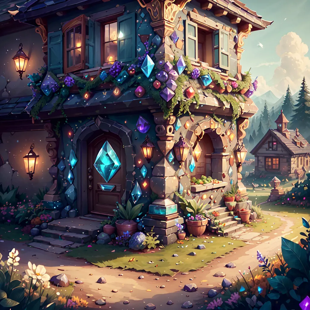 The image is a colorful depiction of a fantasy cottage. The cottage has a stone foundation and a wooden upper story with a steeply pitched roof. The front door is made of wood and has a large blue crystal doorknob. The windows are shuttered and there is a wreath of flowers hanging from the door. The cottage is surrounded by flowers and plants, and there is a small path leading up to the front door. In the background, there is a larger house which is also made of stone with a wooden upper story and a steeply pitched roof.