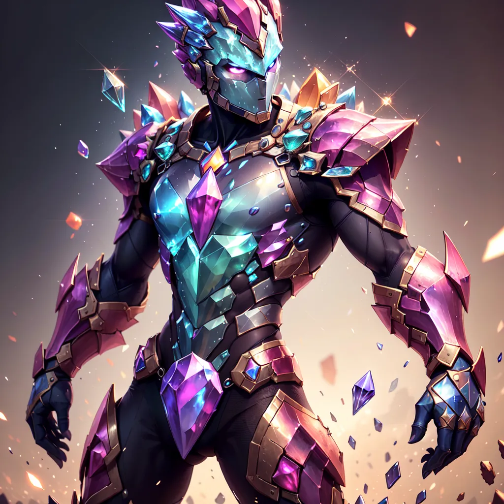 The image is of a male warrior made of crystals. He is wearing a suit of armor that covers his entire body. The armor is made of different colored crystals, such as blue, green, and purple. The warrior's helmet is made of a single large crystal. He is also wearing a cape that is made of crystals. The warrior is standing in a fighting stance, and he is surrounded by crystals.