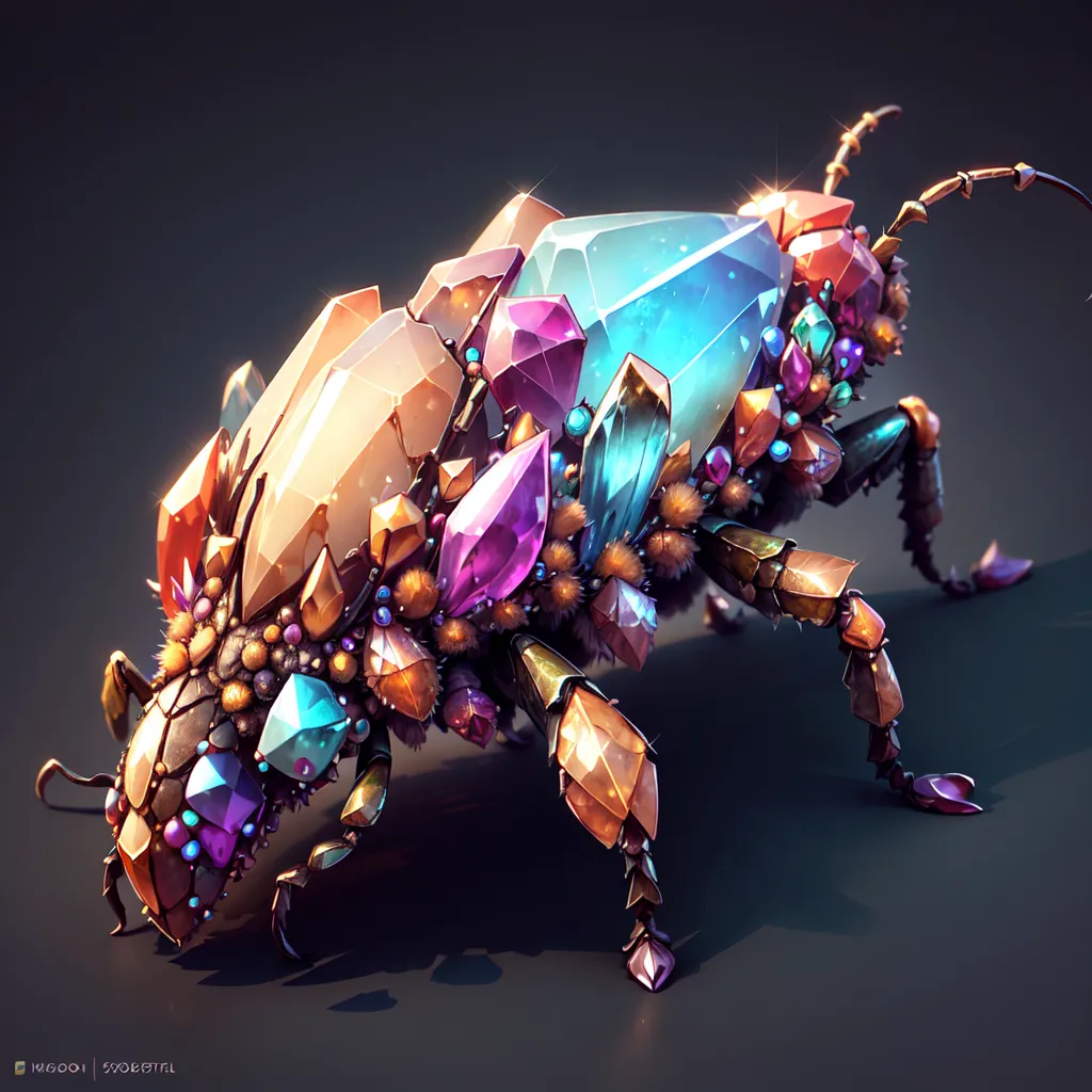 The image shows a jewel-encrusted beetle. The body of the beetle is made of a variety of gemstones, including diamonds, rubies, sapphires, and emeralds. The wings of the beetle are made of a thin layer of gold. The beetle is also adorned with several pieces of jewelry, including a necklace, a bracelet, and a pair of earrings. The background of the image is a dark color, which makes the beetle stand out.