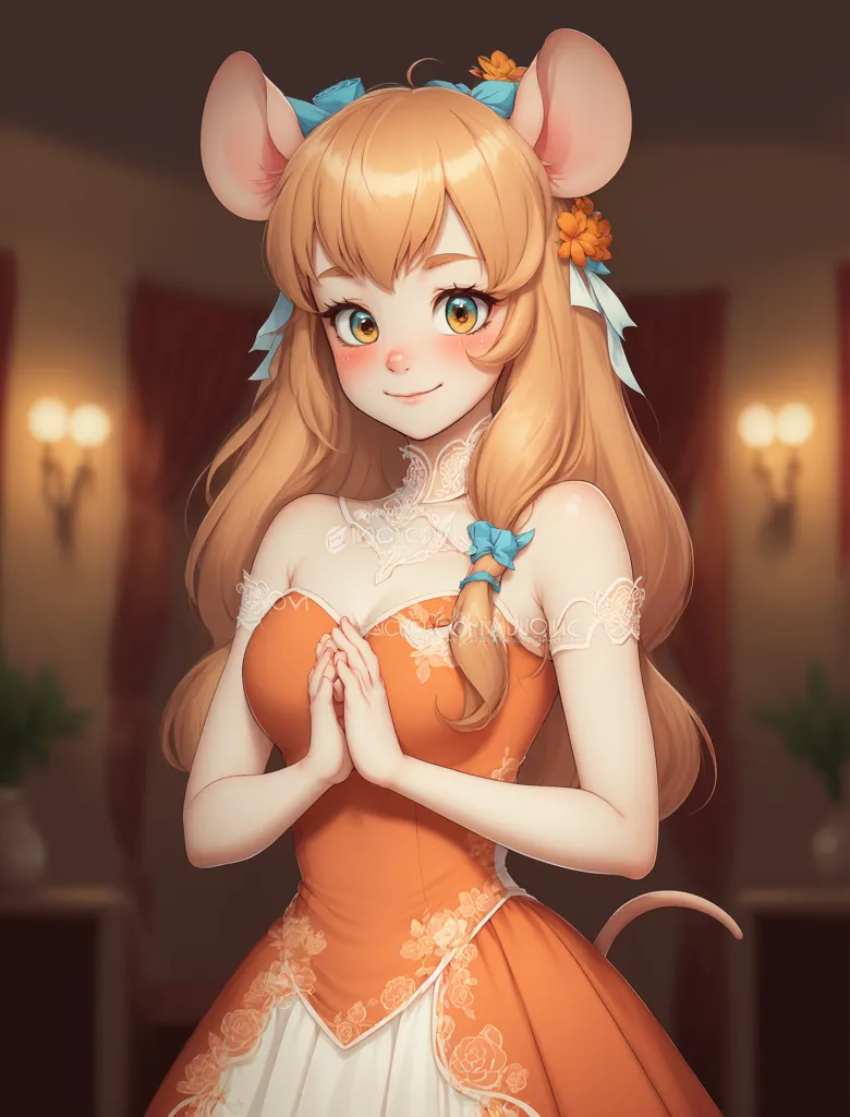 The image is of a beautiful mouse girl with long, flowing hair and big, expressive eyes. She is wearing an elegant orange dress with a white camisole and a blue ribbon in her hair. She is standing in a grand hall, with a red curtain behind her. There are two sconces on the walls behind her. She has a shy smile on her face and is looking at the viewer with her hands together in front of her.