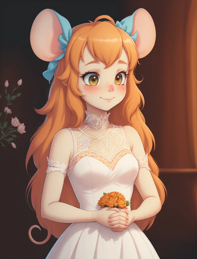 L'image montre une jeune souris mariée avec de longs cheveux orange et des yeux bleus. Elle porte une robe de mariée blanche avec un décolleté en cœur et une jupe ample. La robe est bordée de dentelle et a une longue traîne. Elle tient un bouquet de roses orange. L'arrière-plan est d'une couleur rose tendre.