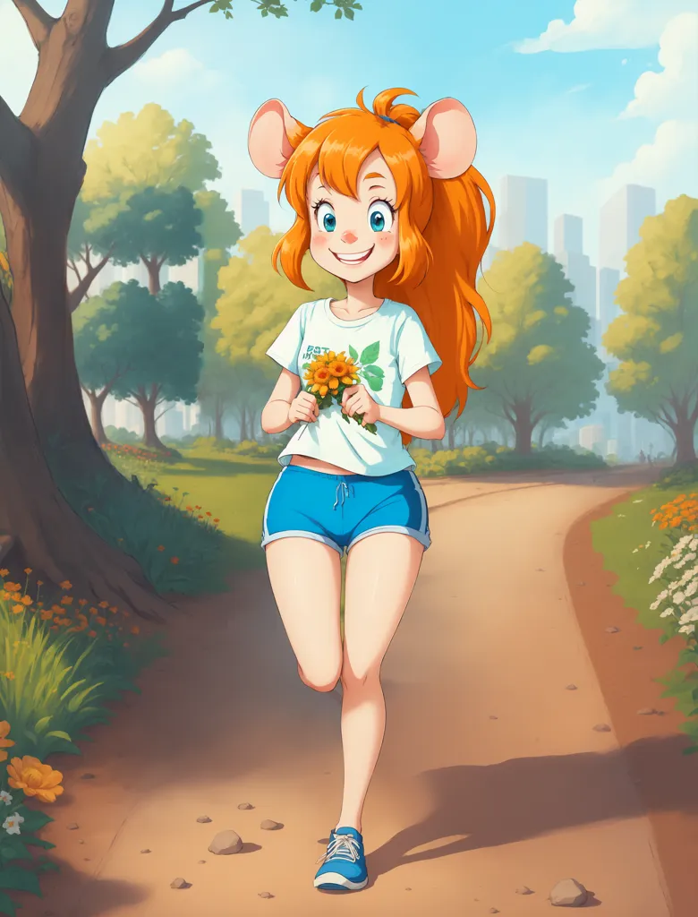 This image shows a young mouse girl with orange hair and blue eyes. She is wearing a white shirt, blue shorts, and sneakers. She is running in a park, surrounded by trees and flowers. She has a happy expression on her face and is carrying a bouquet of sunflowers.