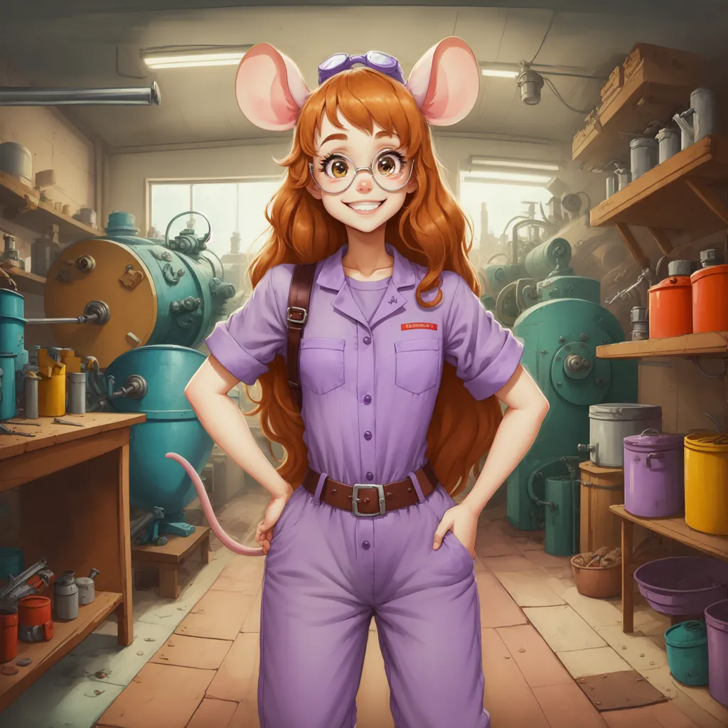 The image shows a young female mouse in a purple jumpsuit. She has long red hair and brown eyes. She is wearing a pair of goggles and a brown belt with a pouch on it. She is standing in a workshop, and there are various tools and machines around her. She has a confident smile on her face, and she looks like she is ready to get to work.